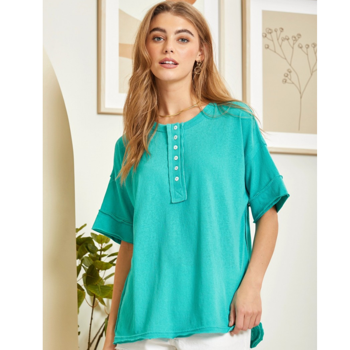 Turquoise Relaxed Fit Button Tee