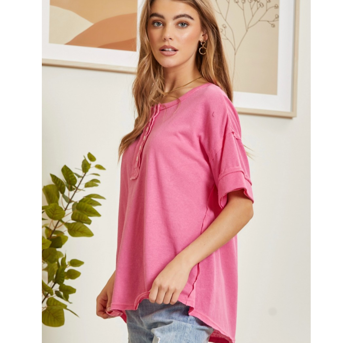 Pink Relaxed Fit Button Tee