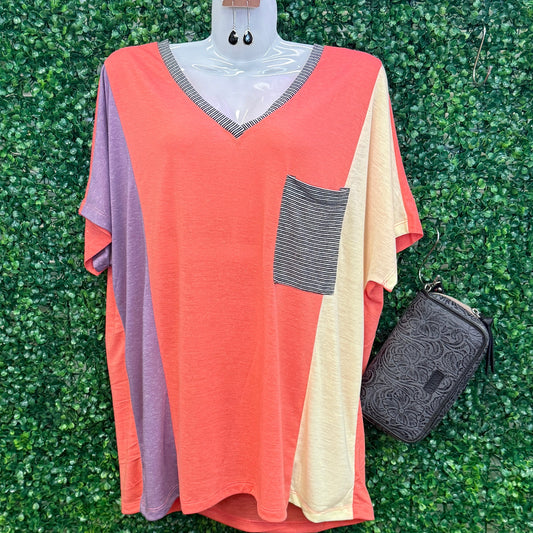 Colorblock Tee with Black Striped Pocket