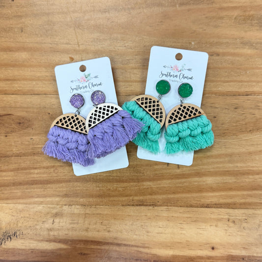 Jeweled Wood and Tassel Earrings