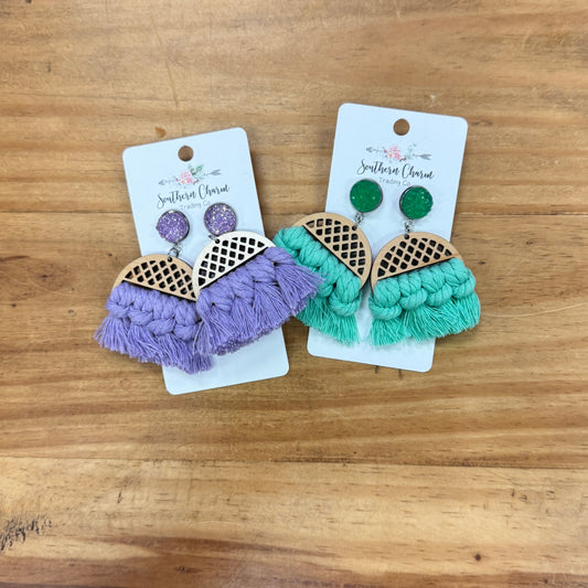 Jeweled Wood and Tassel Earrings