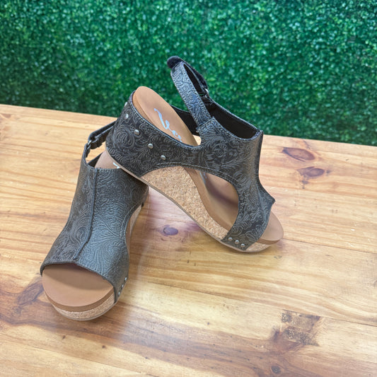 Very G Isabella Tooled Wedges-Charcoal