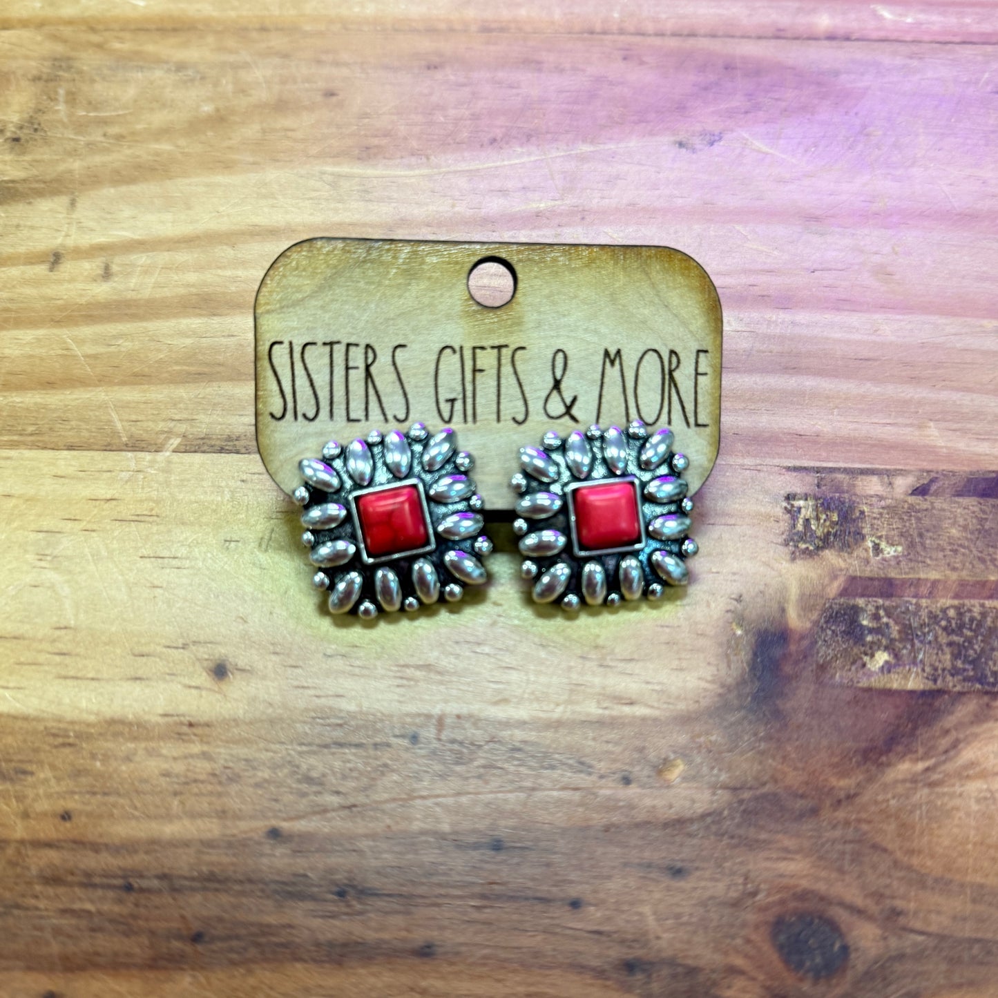 Red & Silver Square Earrings