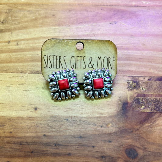 Red & Silver Square Earrings