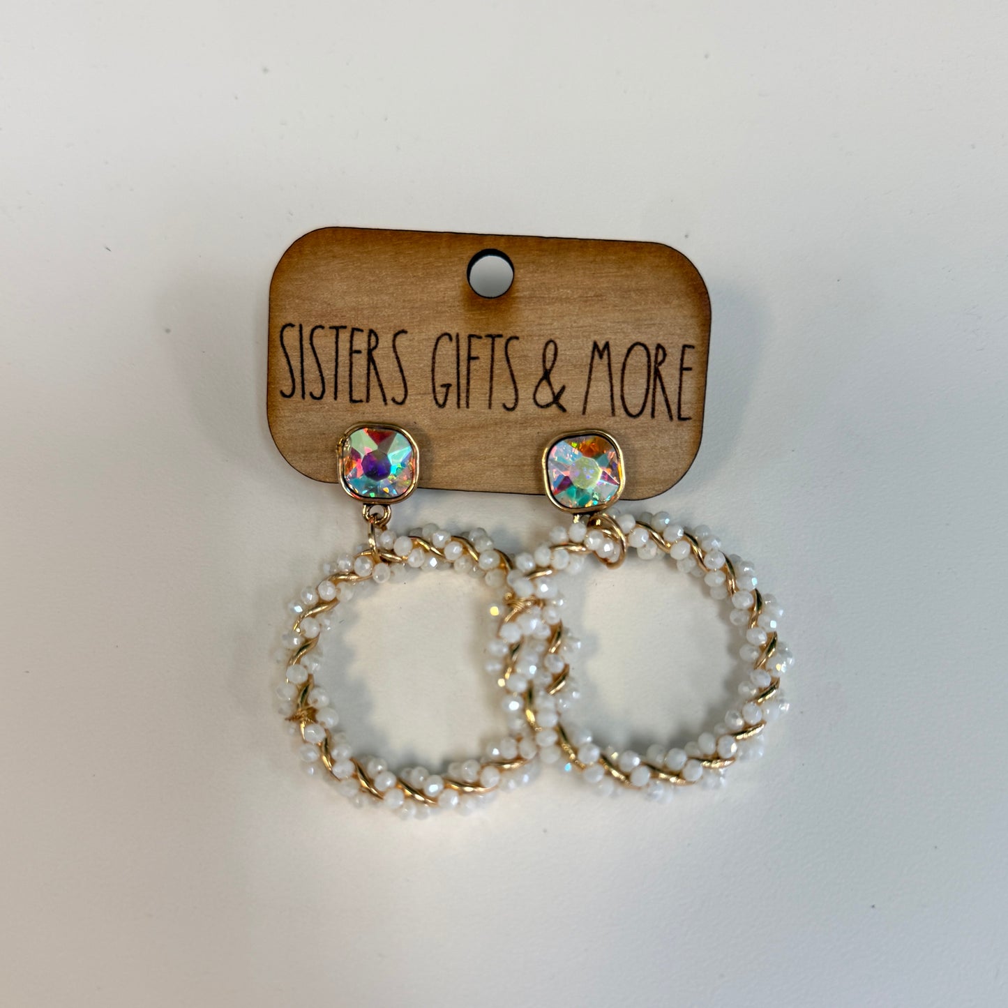 White/Gold Beaded Swirl Earrings