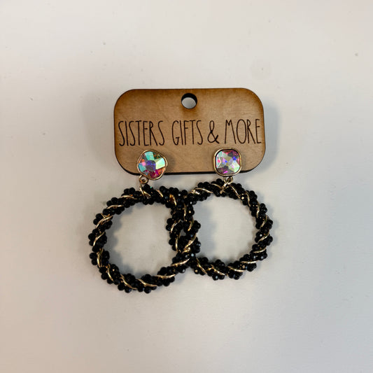 Black/Gold Beaded Swirl Earrings