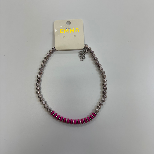 Flat Pink/Round Silver Beaded Necklace
