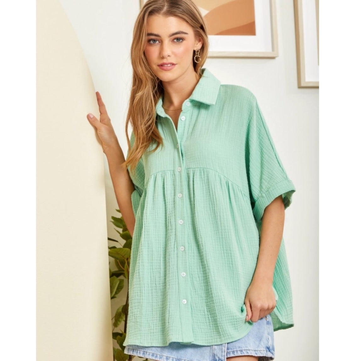 Sage Button Down Babydoll Blouse