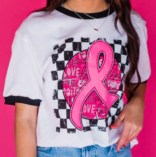 Checkered with Pink Ribbon Tee