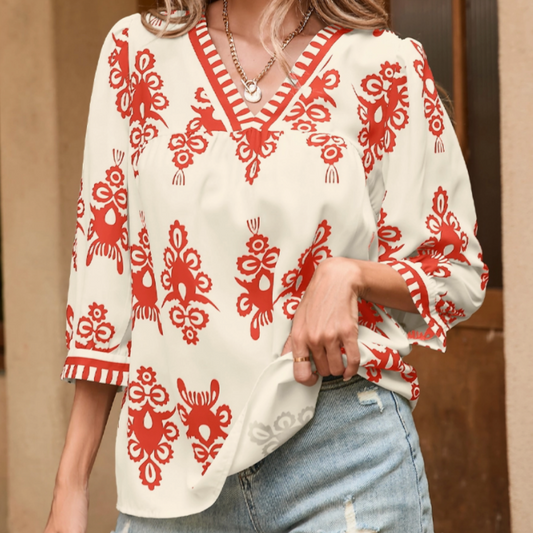 Vintage Printed V-Neck Blouse