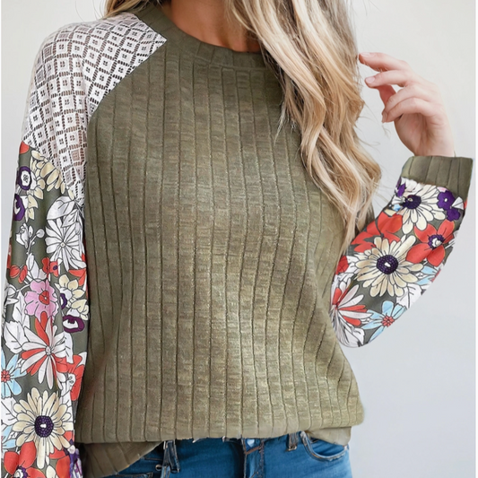 Green Ribbed Long Sleeve Top