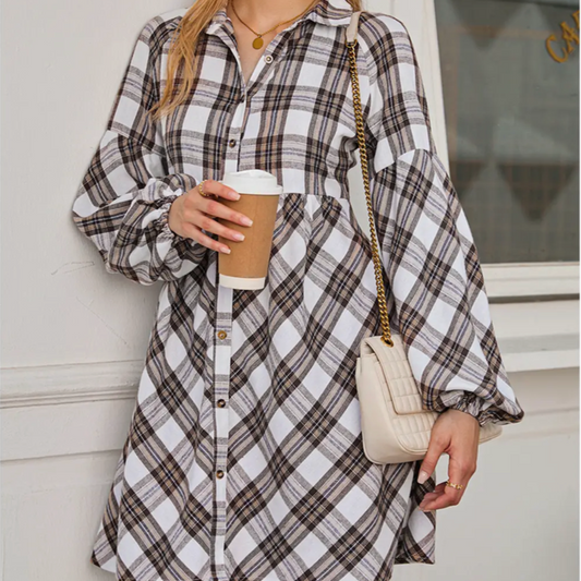 Plaid Bubble Sleeve Dress