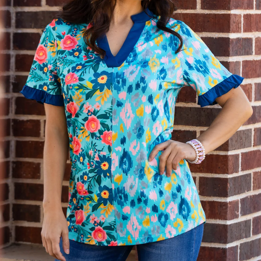 Floral V-Neck Split Print Top