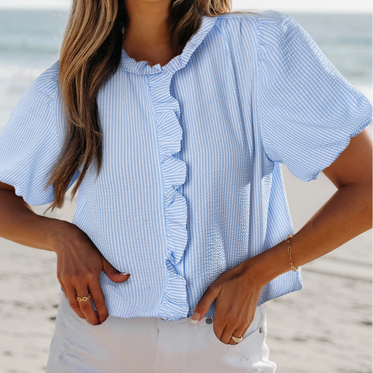 Blue Seersucker Ruffle Top