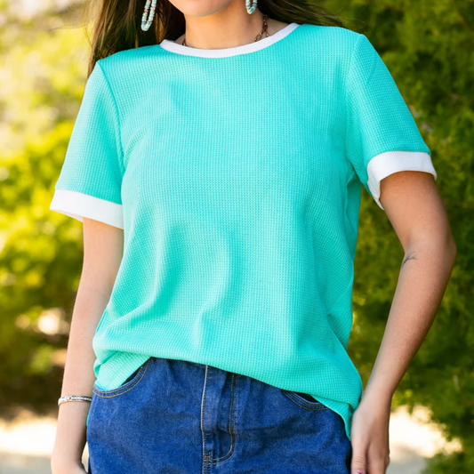 Turquoise & White Waffle Top