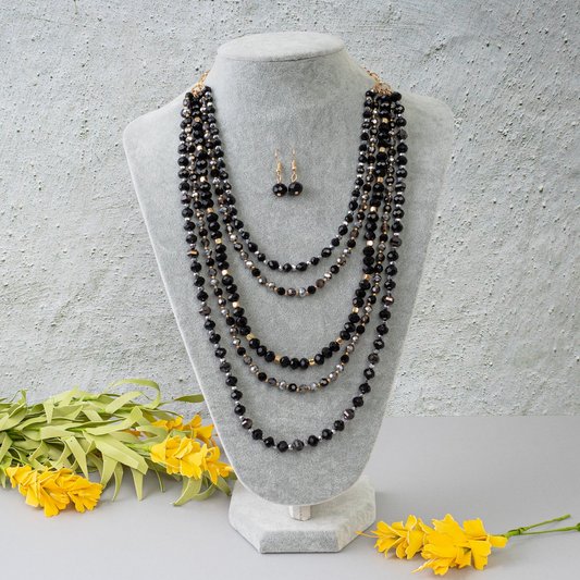 Layered Crystal Beaded Necklace Set-Black