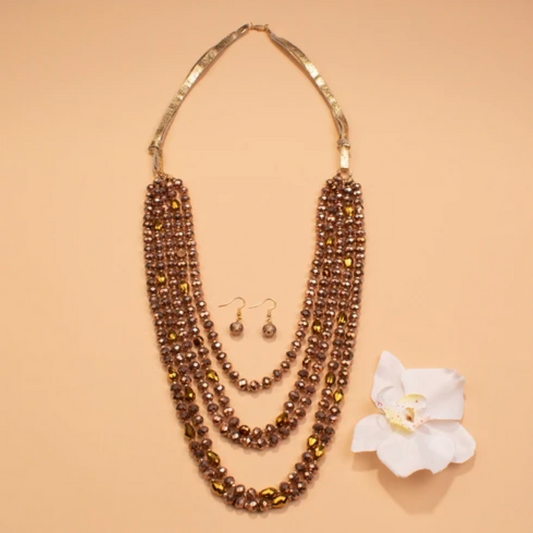 Layered Crystal Beaded Necklace Set-Rose Gold