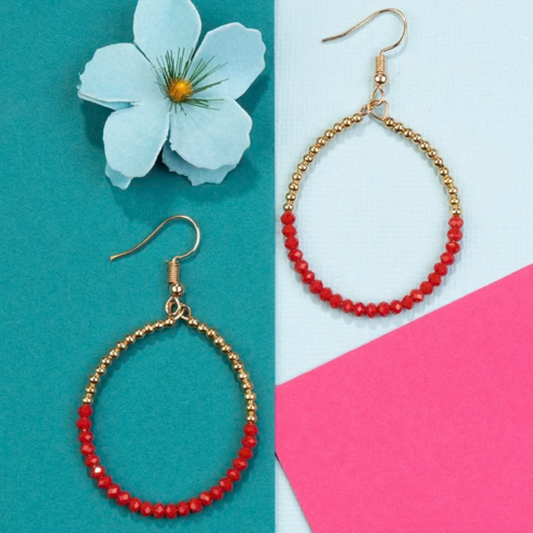 Crystal Beaded Hoop Earrings-Red