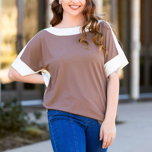 Brown & Beige Ribbed Top