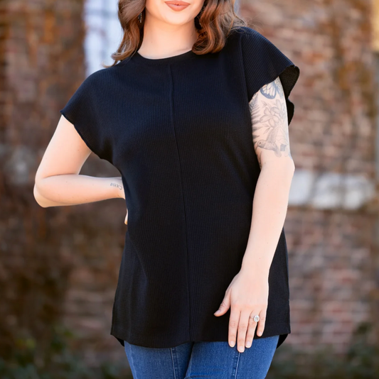 Waffle Knit Cap Sleeve-Black
