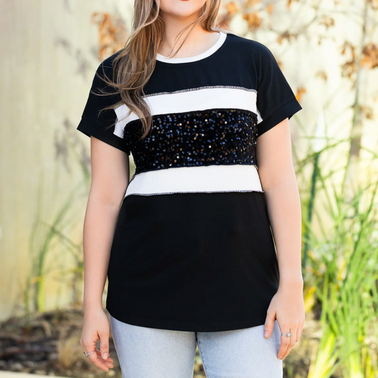 Black Striped Sequin Top