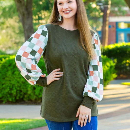 Olive Knit Geometric Sleeve Top