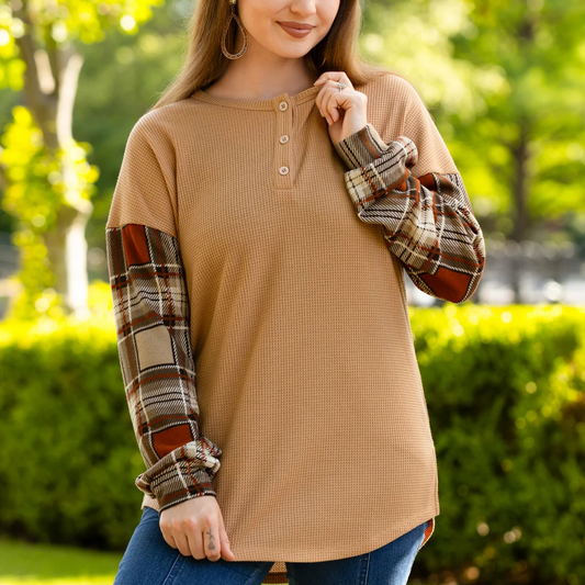 Knit Top w/Plaid Sleeves