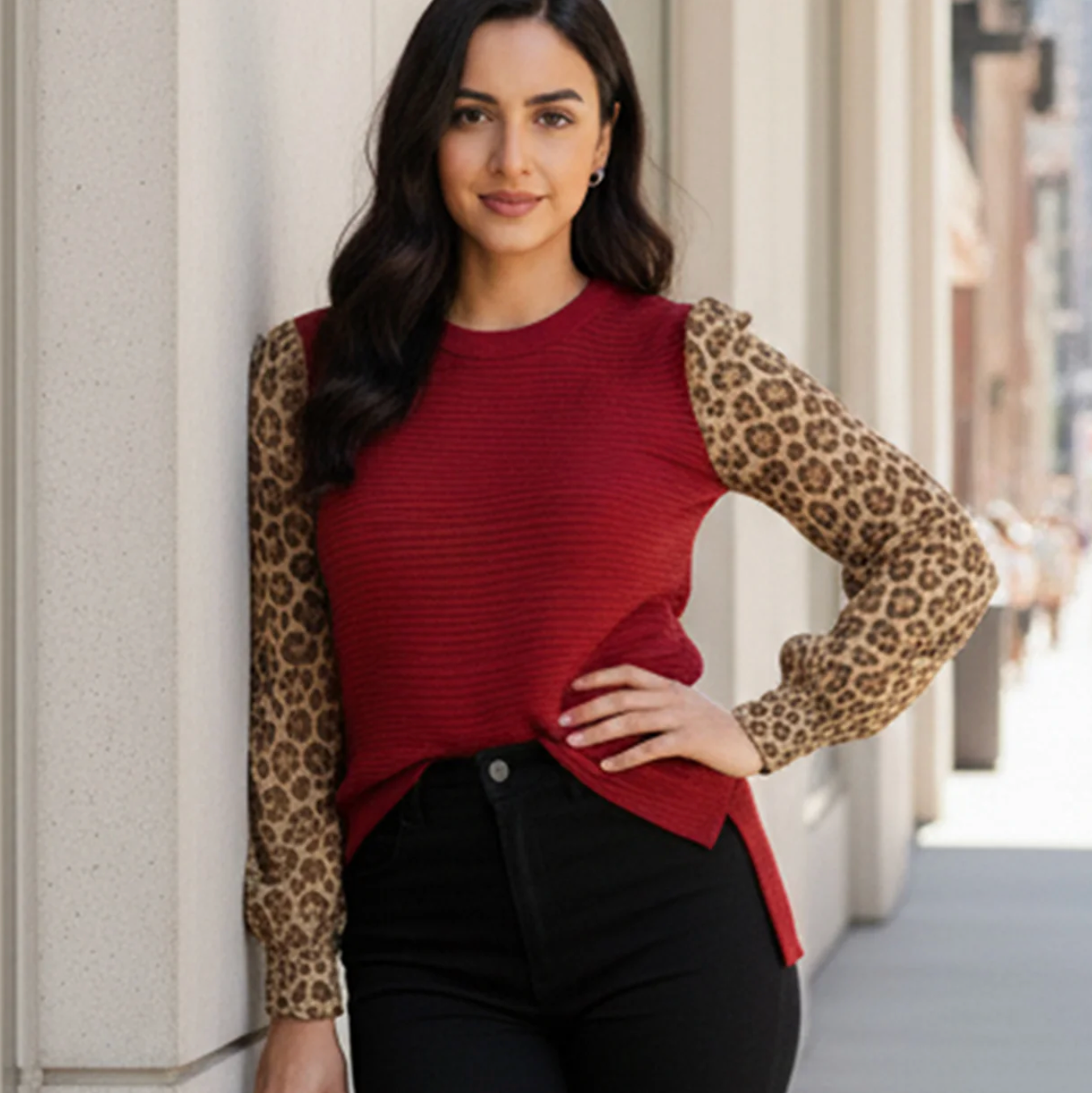 Red Textured Top w/Leopard Sleeves