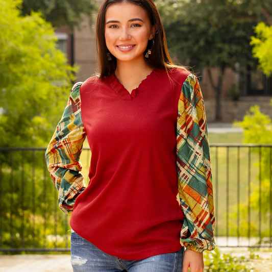 Ruffle Neck Top w/Plaid Sleeves