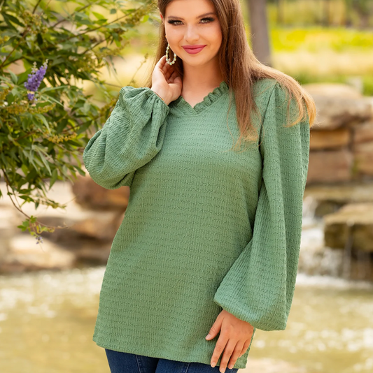 Green Textured Long Sleeve Top