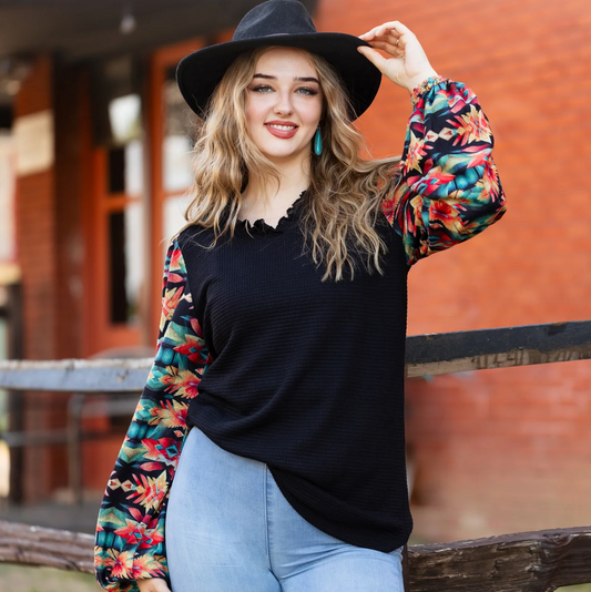 Black Ruffle Neck w/Colorful Sleeves
