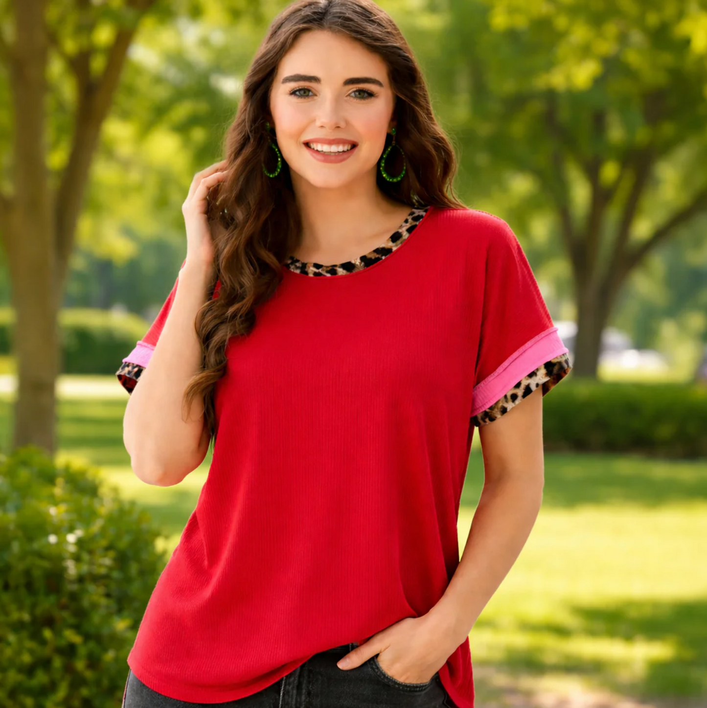 Red Top W/Pink & Leopard Trim