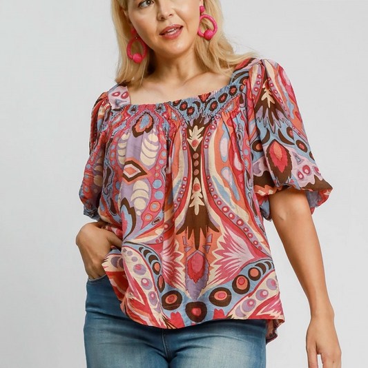 Pink/Brown Square Neck Top