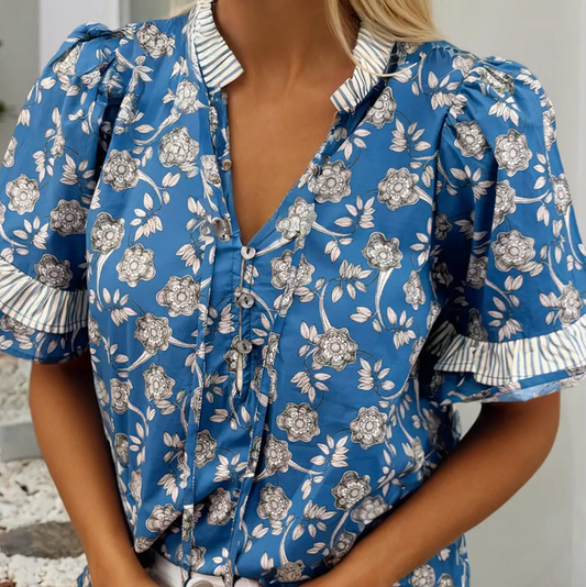 Blue Floral Ruffle Sleeve Top