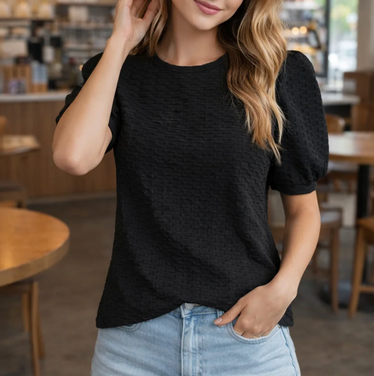 Black Puff Sleeve Textured Top