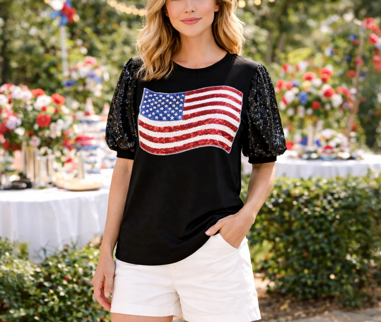 US Flag Sequin Top