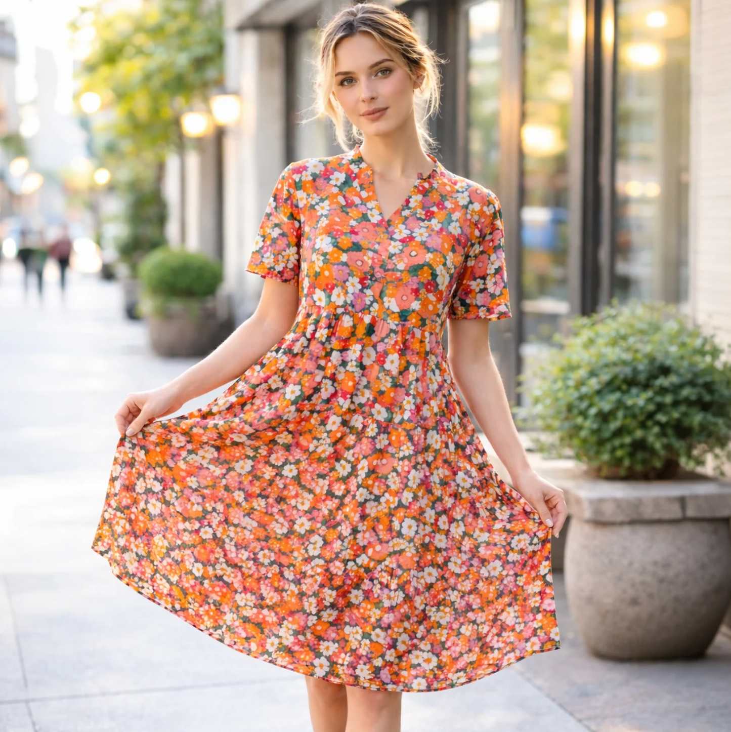 Orange Floral Tiered Dress