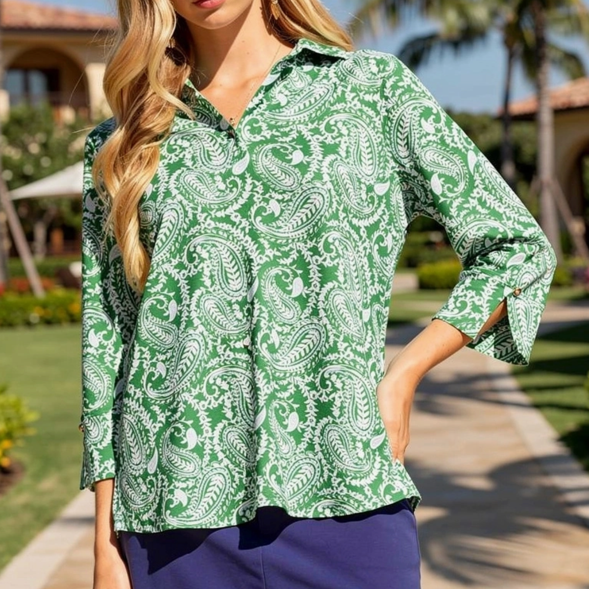 Green/Blue 3/4 Sleeve Top