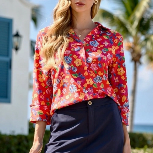 Red Multicolor 3/4 Sleeve Plus Top