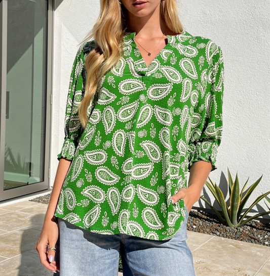 Green Paisley 3/4 Sleeve Top