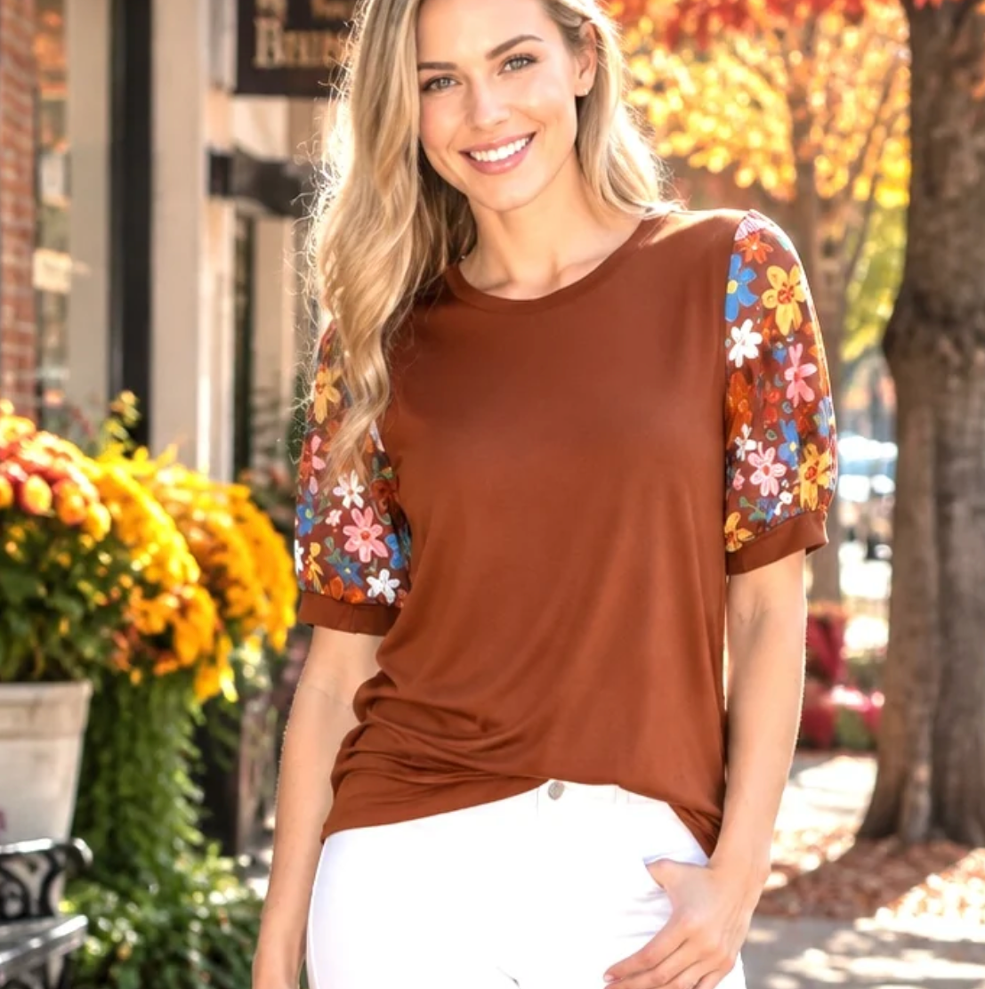 Brown Floral Sleeve Top