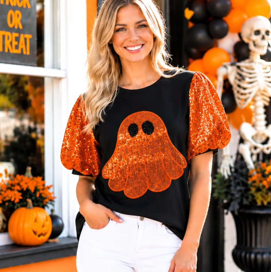 Orange Ghost Sequin Top