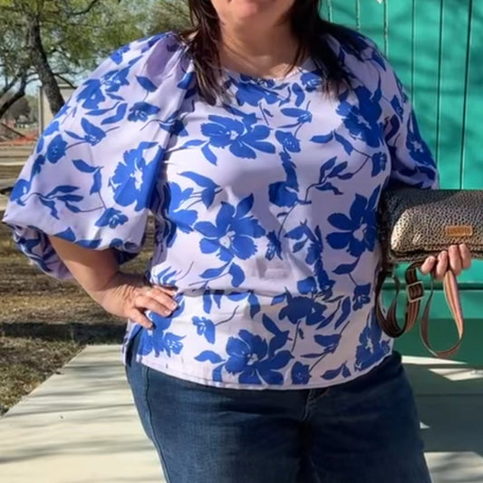 Lavender & Navy Balloon Sleeve Top