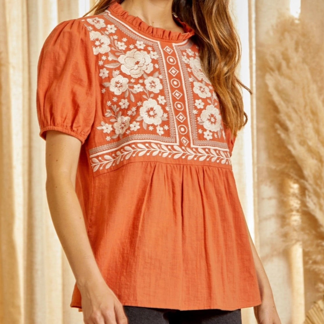 SJ Rust Floral Embroidered Blouse