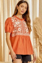SJ Rust Floral Embroidered Blouse
