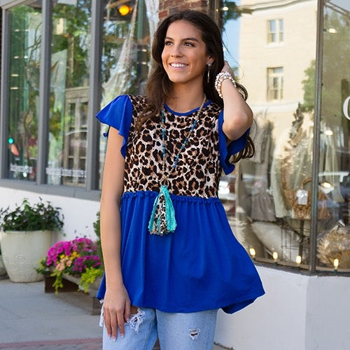 Blue Leopard Top with Tassels
